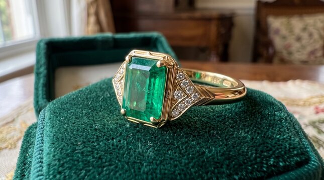 Gold ring with large rectangular emerald gemstone on hand, surrounded by delicate diamond accents and elegant craftsmanship
