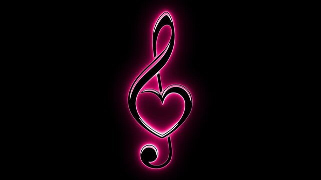 Glowing pink neon treble clef note with a heart shape inside on a dark black background. beautiful romantic music stock animation for lovers, songs, shows, video backgrounds, and musical events.