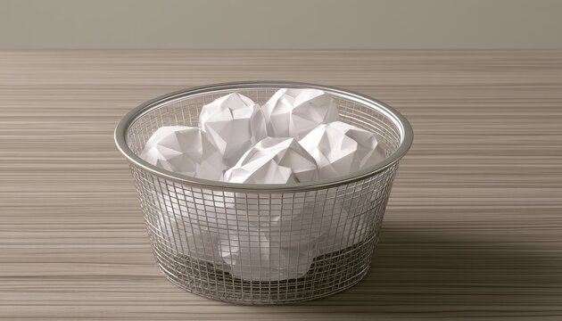 A metal waste bin filled with crumpled white paper sits on a wood-grain surface