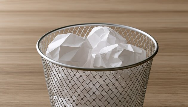 Crumpled white paper balls fill a wire mesh waste bin on a wooden desk