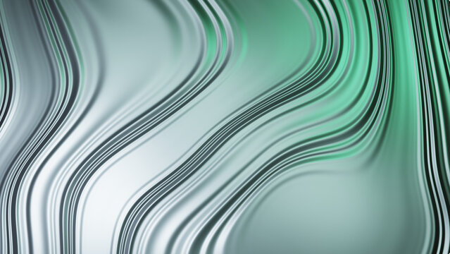 Abstract silver and green flowing wave lines background with abstract, metallic