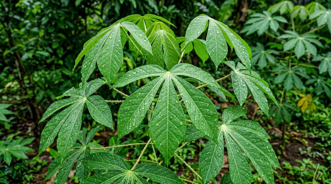 Cassava Leaves Dew Drops Green Tropical Plant Nature Rain