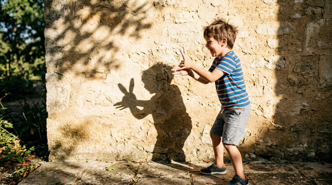 Child playing shadow puppets on wall, making rabbit shadow, outdoor sunny day