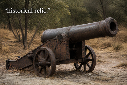 An old, rusty cannon rests on dry, grassy ground outdoors.