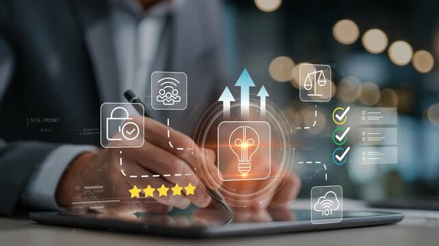 Smart business solutions concept with animated light bulb icon, innovation strategy, organizational development, digital growth and creative problem solving