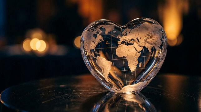 A luminous glass heart sculpture featuring an etched map of our planet rests on a reflective surface during an evening event to symbolize unity and global compassion for humanity across
