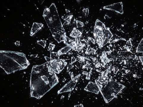 Multiple sharp jagged transparent glass shards on black background suitable for dramatic design elements and abstract concepts in graphic projects.