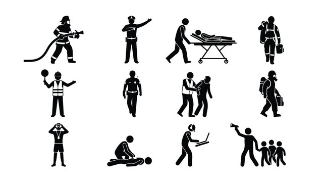 Emergency responder icon set, black silhouette first responders and rescue workers, 12 professional public safety vector pictograms for infographics