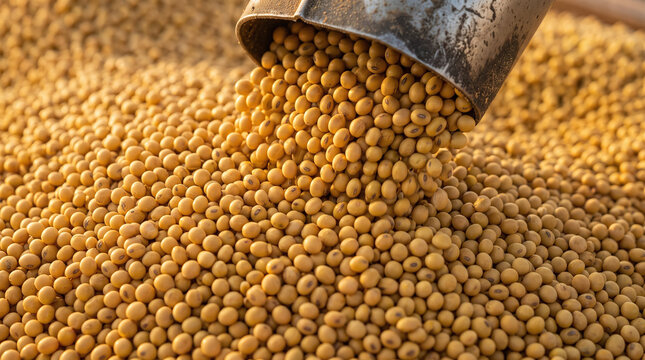 Golden soybean harvest in metal container, bulk commodity suitable for agricultural, food production marketing materials, websites, and presentation slides.