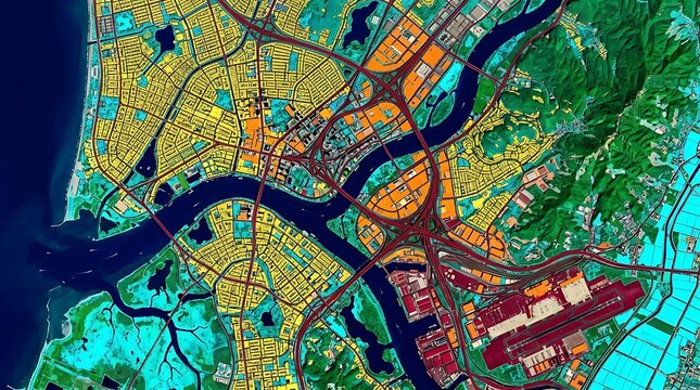 Stylized aerial view of a vibrant city with a major river, bridges, complex road networks, and diverse land use patterns, bordered by mountains and water.