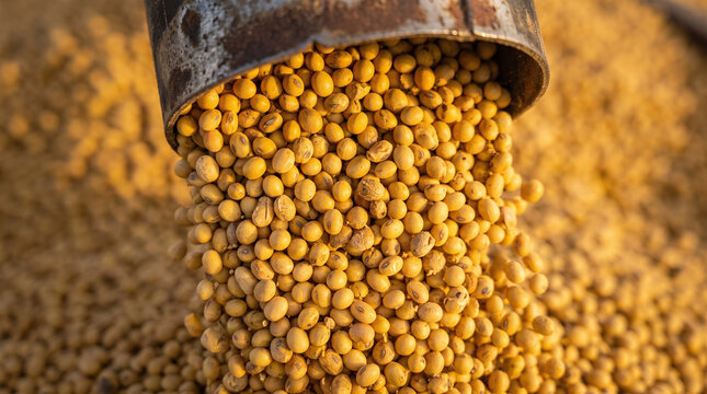 Yellow soybean harvest pile shown with agricultural machinery equipment for grain exports. Ideal for bulk commodity and agricultural industry concepts.