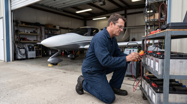 Aircraft technician inspecting batteries inside a compact electric airplane hangar showcasing aviation safety and precision engineering in modern aircraft maintenance practices