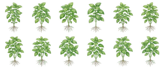 Set of Hand Drawn Basil Plants with Visible Roots © Surya