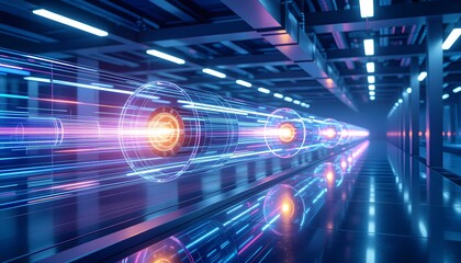 Fototapeta premium Cyber network light streaming through futuristic data corridor