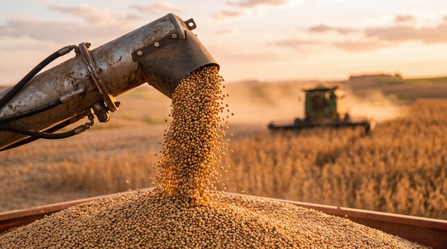 Ideal for agricultural businesses, websites, magazines. Captures golden harvest in action, showcasing machinery, farm fields, and sunset sky landscape.