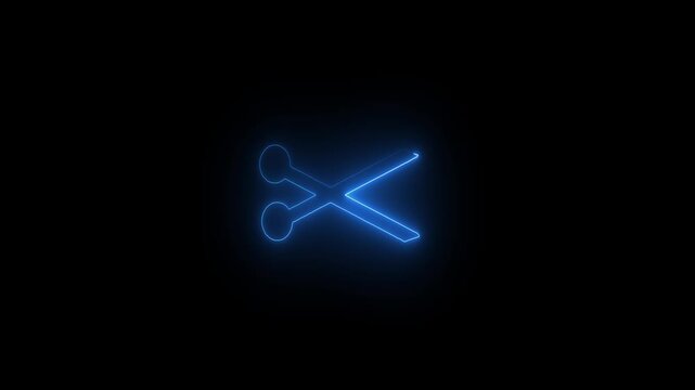 Glowing Blue Neon Scissors Icon on Black Background - Cutting Concept Animation video..