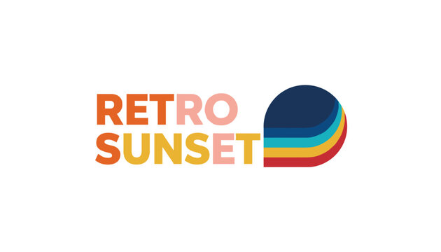 Colorful retro sunset text logo layout template with multi colored stripes in circular shape on white background.
