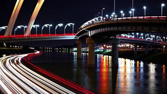 Highway interchange night light trails river. Curved overpass traffic motion. Urban infrastructure city lights
