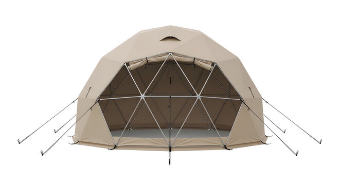 geodesic tent frame with beige fabric