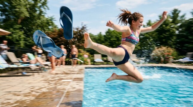 Joyful girl leaps into cool pool water with flip-flops flying high