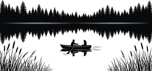 Couple Rowing Boat on Lake Forest Landscape Reflection Vector Silhouette © Asaduzzaman