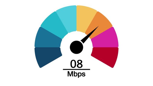Internet speed test gauge meter showing 8 Mbps measurement with needle pointing to orange level, data bandwidth indicator isolated on white background.