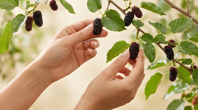 Woman hands picking fresh organic ripe black mulberries from tree.