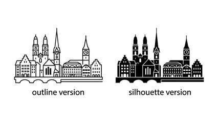 Fototapeta premium Cityscape Outline and Silhouette: Two graphic representations of a city skyline, one in outline and the other as a solid silhouette, showcasing architectural details of buildings and spires.