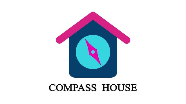 Compass house logo vector design featuring home silhouette with magnetic compass symbol for real estate navigation, direction, property finding, and agency branding isolated on white background.
