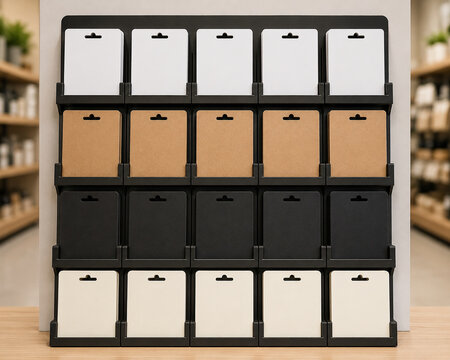 Collection of blank gift cards arranged on retail display rack, clean commercial presentation, no branding