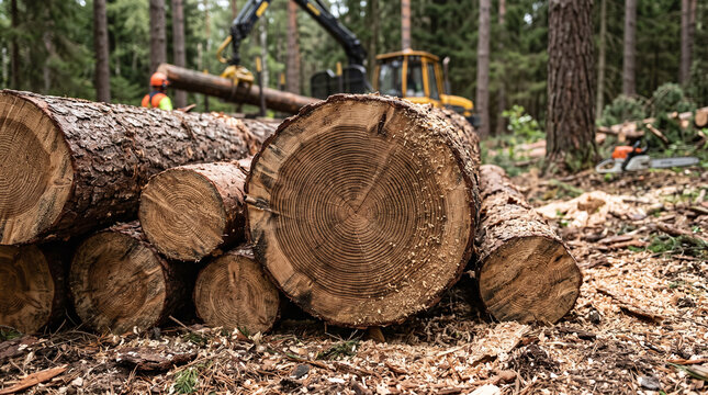 Stacked timber logs depict forestry equipment in woodland harvest for lumber production, sawdust, and natural resource industry themes. Suitable for environmental and industrial concepts.