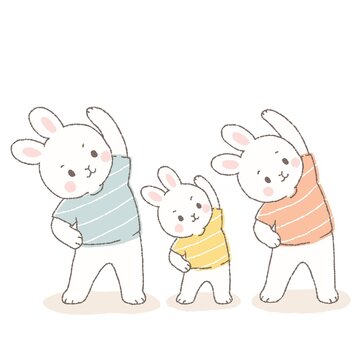 親子でラジオ体操をするかわいいウサギのイラスト