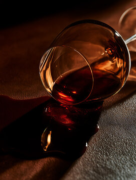 A wine glass sat upside down on a dark leather table