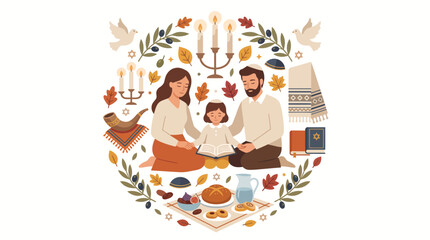Fototapeta premium Jewish family celebrating Yom Kippur with candles and traditional symbols, a solemn and reflective holiday gathering