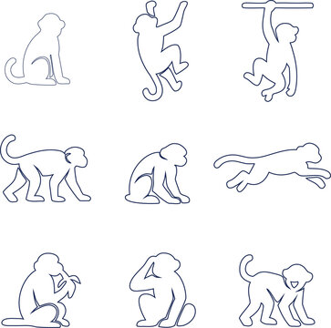 Monkey outline vector icon set