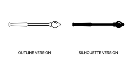 Magic Wand Outline and Silhouette: A visual comparison showcasing a simple drawing of a magic wand in both an outline and a silhouette version, ideal for illustrating fantasy or creative concepts. © jabed