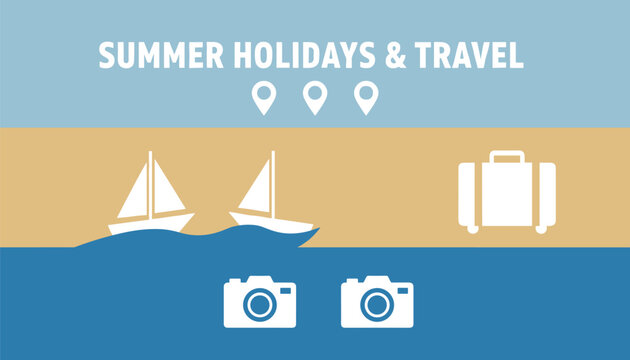 Summer holidays and travel banner design featuring sailboats, suitcase, camera icons, and multiple location pins.