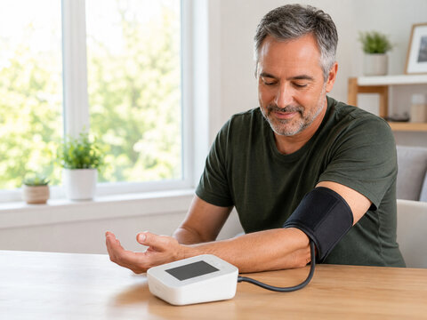 Adult checking blood pressure at home