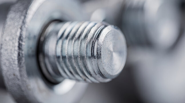 Extreme close up of a silver metal screw thread in a workshop environment