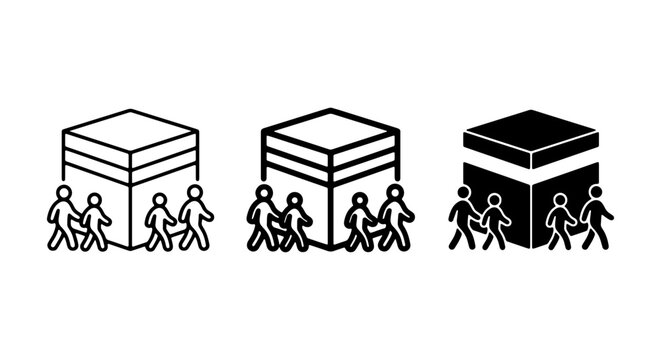 Islamic Kaaba Icons, Pilgrimage People, Mecca Worship Symbols, Muslim Travel Vector Set