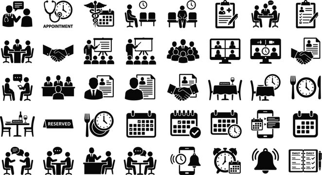Appointment scheduling and business meeting icon set featuring medical consultation calendar booking restaurant reservation interview waiting room and corporate training vector glyph symbols