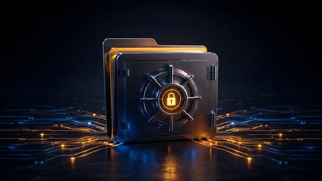 Metallic bank vault folder with glowing padlock dial on circuit board representing impenetrable digital security and encrypted storage.