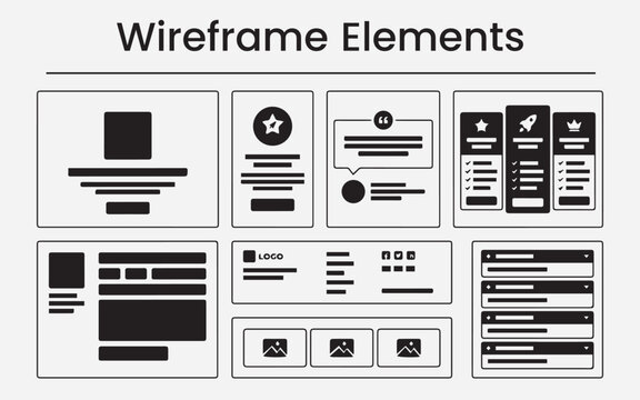 Landing Page Section Wireframe Layouts including Hero Section Feature Cards Testimonial Quote Pricing Table and FAQ Accordion Vector