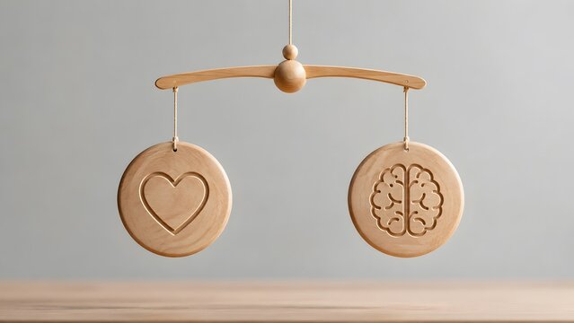 Hanging wooden mobile balancing carved heart and brain symbols representing delicate harmony between emotion and reason.