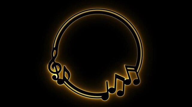 Glowing golden neon music frame featuring treble clefs and musical notes on a dark background. Perfect overlay for concert videos, DJ sets, music events, promo intros, and creative audio visual frame.