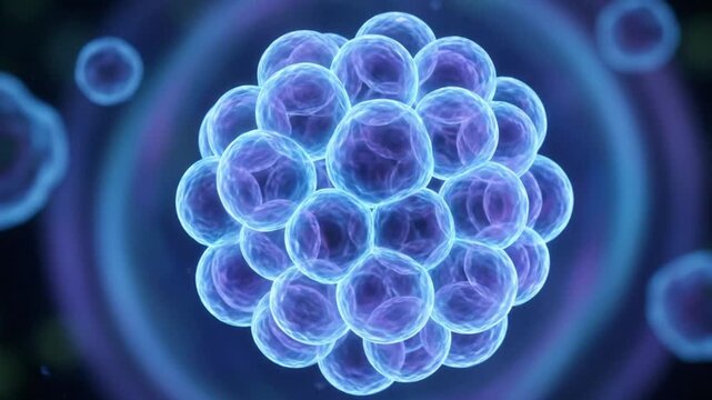 Microscopic view of stem cells or embryonic cell division with glowing blue aura energy