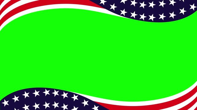 Wavy American flag frame with stars and stripes surrounding a bright green screen center, ideal for patriotic templates, video overlays, banners, and graphic design projects requiring easy chroma-key.