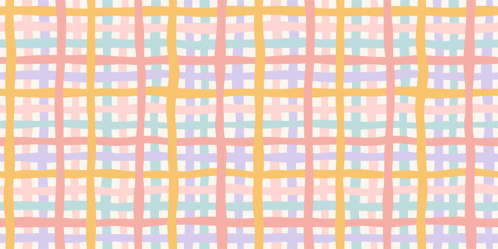 Modern Gingham Check Seamless Pattern. Hand Drawn Wavy Plaid Background. Cute Grid Texture for Textile, Wallpaper, Packaging, Graphic Design