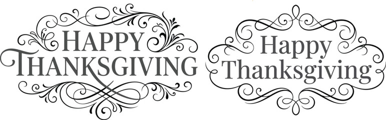 Set of two elegant vintage style happy thanksgiving labels with decorative ornate flourishes and calligraphic typography elements © Ibrahim