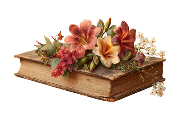 Fototapeta premium Antique book with flowers isolated on transparent background, vintage botanical PNG cutout collection